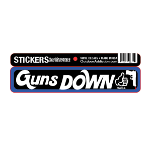 Guns Down - no more senseless shootings 1 x 5 inches mini bumper sticker Make a statement with these great designs sized perfectly for items like computers, cell phones or bigger items like your car! Dimensions: 1" x 5 inch -Printed vinyl -Outdoor durable and ultra removable -Waterproof